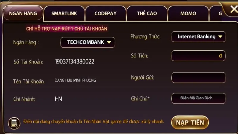 Nạp tiền Sunwin cùng thẻ ngân hàng